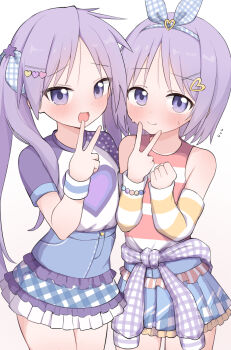 Rule 34 | 2girls, :d, bead bracelet, beads, blue skirt, bracelet, checkered clothes, checkered jacket, closed mouth, clothes around waist, frilled skirt, frills, gradient background, hair ornament, hair ribbon, heart, heart hair ornament, highres, hiiragi kagami, hiiragi tsukasa, jacket, jacket around waist, jewelry, long hair, lucky star, multiple girls, nicomi-chan, open mouth, purple eyes, purple hair, purple shirt, ribbon, shirt, short hair, siblings, sidelocks, simple background, sisters, skirt, smile, striped tank top, tank top, twins, twintails, v, white background