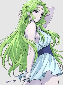 1girl breasts byakuroku35 dress earrings green_hair grendizer_u highres holding holding_own_hair jewelry long_hair looking_at_viewer looking_back makeup mazinger_(series) medium_breasts miniskirt naida_baron purple_eyes sideboob skirt sleeveless sleeveless_dress tiara ufo_robo_grendizer