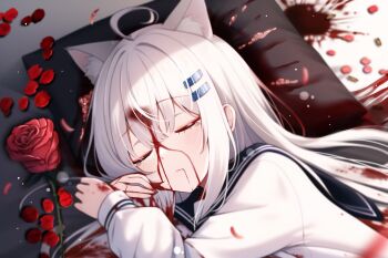 1girl ahoge animal_ear_fluff animal_ears blood blood_on_bed blood_on_clothes blood_on_face blood_on_hands blood_on_mouth blood_on_pillow blush bullet cat_ears cat_girl cat_tail commentary_request corpse dying execution flower furrowed_brow guro hair_ornament hairclip hand_on_own_face highres linjia_kaidi on_bed original parallel_hairclips pill pillow red_flower red_rose rose ryona tail variant_set white_hair white_tail