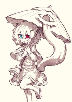 Rule 34 | 1girl, :p, absurdres, blue eyes, breasts, capelet, commentary, geta, highres, holding, holding umbrella, karakasa obake, korean commentary, leg up, long sleeves, looking at viewer, medium breasts, medium hair, monochrome, rampa93, red eyes, shirt, skirt, solo, spot color, tatara kogasa, toes, tongue, tongue out, touhou, umbrella