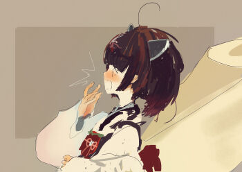 1girl ^^^ ahoge blush border brown_background brown_border brown_hair commentary_request embarrassed from_side hand_up headgear highres japanese_clothes kabuyama_kaigi kimono kiritanpo_(food) leaning_back long_sleeves looking_ahead nose_blush obi obijime open_mouth outside_border oversized_food oversized_object profile sash short_hair simple_background solo surprised touhoku_kiritan upper_body voiceroid white_kimono