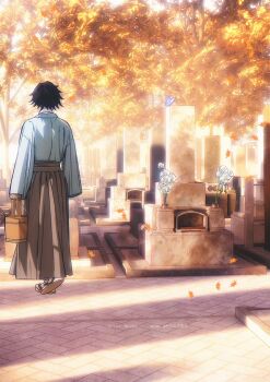 1boy autumn_leaves black_hair blue_kimono bug butterfly flower from_behind full_body ghost graveyard grey_hakama hakama highres holding insect japanese_clothes kimetsu_no_yaiba kimono leaf male_focus niku_(ni23ku) outdoors sandals short_hair solo spiked_hair tomioka_giyuu white_flower