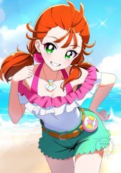 1girl alternate_hairstyle bare_legs beach belt blue_sky blush breasts bright_pupils cleavage cloud collarbone commentary cowboy_shot day dot_nose frilled_shirt frills green_eyes green_shorts grin hand_on_own_hip hand_on_own_shoulder head_tilt highres horizon jewelry leaning_forward looking_at_viewer medium_hair momotarouooi natsuumi_manatsu necklace ocean off-shoulder_shirt off_shoulder orange_hair outdoors pact_holder pink_shirt pouch precure sand shell shell_necklace shirt short_twintails shorts sky smile solo tropical-rouge!_precure tropical_pact twintails twitter_username two-tone_shirt watermark white_pupils white_shirt