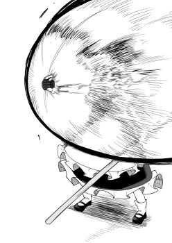 1girl apron broom dress energy_beam failure frilled_dress frills greyscale highres holding holding_broom kirisame_marisa master_spark mini-hakkero monochrome motutigire outstretched_arm socks solo standing touhou waist_apron you're_doing_it_wrong