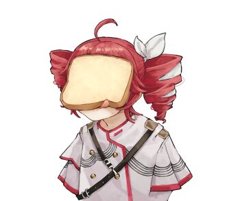 1girl ahoge bread bread_slice commentary covered_face drill_hair food grey_jacket highres jacket kasane_teto kasane_teto_(sv) red_hair shankkei simple_background solo synthesizer_v toast tongue twin_drills upper_body utau white_background