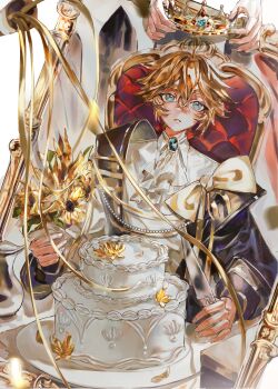 Rule 34 | 1boy, 1other, absurdres, ahoge, alternate costume, aotu world, ascot, birthday cake, black jacket, blonde hair, blue eyes, blue gemstone, bouquet, bow, brooch, cake, candle, chair, collared shirt, crown, flower, food, gem, hair between eyes, highres, holding, holding crown, holding flower, holding knife, jacket, jewelry, junge914, king (aotu world), knife, leaf, long sleeves, looking at viewer, male focus, out of frame, parted lips, pearl (gemstone), plate, pointy ears, red gemstone, shirt, short hair, sitting, sitting on throne, solo focus, streamers, sunflower, table, throne, white ascot, white background, white shirt, yellow bow, yellow flower