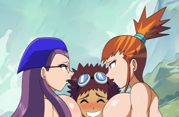 1boy 2girls between_breasts blush breasts digimon dlobo face_to_breasts glasses goggles goggles_on_head head_between_breasts highres inoue_miyako long_hair looking_at_another makino_ruki motomiya_daisuke multiple_girls smile view_between_breasts