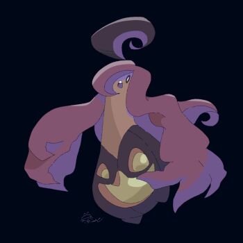 black_background bright_pupils commentary_request full_body gen_6_pokemon gourgeist hair_over_one_eye hosinyanko looking_at_viewer nintendo no_humans open_mouth pokemon pokemon_(creature) signature simple_background white_pupils