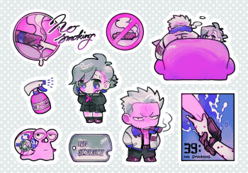1boy 1girl antenna_hair belt black_pants black_sailor_collar black_serafuku black_shirt black_shoes black_skirt black_socks blush boots bottle brown_belt brown_boots character_request chibi chibi_only cigar commentary_request couch dog_tags grey_background grey_eyes grey_hair hands_on_own_cheeks hands_on_own_face highres holding_another&#039;s_wrist jacket jitome kabane_(rjev8385) long_sleeves looking_at_viewer multiple_views neckerchief no_shirt no_smoking oc_x_canon on_couch one_piece open_clothes open_jacket original pants polka_dot polka_dot_background red_neckerchief sailor_collar school_uniform serafuku shirt shoes short_hair skirt smoke smoke_trail smoker_(one_piece) smoking snail socks spray_bottle standing v-shaped_eyebrows white_jacket