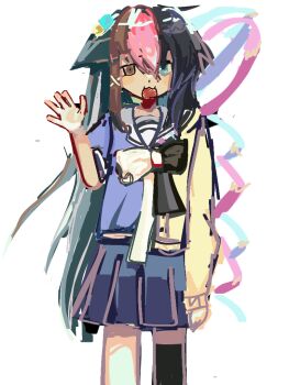 1girl asymmetrical_legwear asymmetrical_sleeves bags_under_eyes blue_eyes brown_eyes femceltron fusion hair_ornament heterochromia multicolored_hair original pupaeshkere smile uneven_eyes uneven_legwear uneven_sleeves waving x_hair_ornament