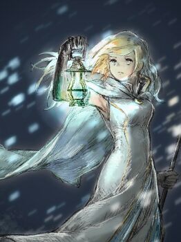 1girl black_gloves blonde_hair blue_eyes breasts cape closed_mouth commentary_request dress elbow_gloves gloves large_breasts long_hair night octopath_traveler octopath_traveler_i ophilia_(octopath_traveler) ophilia_clement outdoors qqqqqli snowing solo standing wavy_hair white_cape white_dress