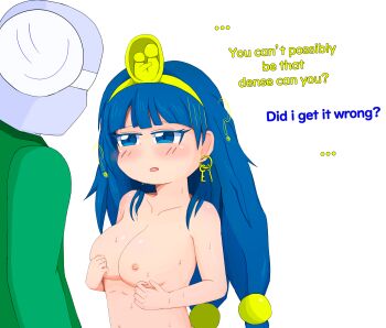 1boy 1girl absurdres artist_self-insert blue_eyes blue_hair blush breasts earrings fossilized_wonders highres jewelry long_hair looking_at_another michigami_nareko navel nipples nude open_mouth solo sweat touhou xsmile