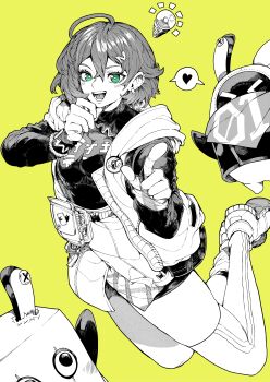 1girl absurdres asymmetrical_legwear bangboo_(zenless_zone_zero) belle_(zenless_zone_zero) commentary_request eous_(zenless_zone_zero) green_background grey_hair greyscale_with_colored_background hair_ornament heart highres hood hooded_jacket jacket letter_hair_ornament long_sleeves looking_at_viewer open_clothes open_jacket open_mouth partial_commentary shirt shirt_tucked_in shoes short_hair simple_background single_thighhigh skindentation skirt sleeveless sleeveless_jacket socks solo spoken_heart thighhighs turtleneck turtleneck_shirt yotsumi_shiro zenless_zone_zero