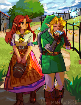 1boy 1girl apron arm_up artist_name belt belt_buckle blonde_hair blue_eyes blush boots breasts brown_apron brown_belt brown_boots bucket buckle closed_eyes closed_mouth commentary curtained_hair english_commentary english_text full_body green_hat green_tunic hat highres holding holding_bucket holding_ocarina instrument link long_hair long_skirt looking_at_another looking_to_the_side malon medium_breasts mothman_adjacent navi neckerchief nintendo ocarina orange_hair outdoors pantyhose parted_bangs pink_skirt playing_instrument pointy_ears shirt short_sleeves sidelocks skirt smile solo speech_bubble the_legend_of_zelda the_legend_of_zelda:_ocarina_of_time tree triforce tunic undershirt waist_apron walking white_pantyhose white_shirt wooden_bucket yellow_neckerchief