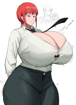 1boy 1girl absurdres alternate_breast_size_(larger) arms_behind_back black_pants bra braid braided_ponytail breasts bursting_breasts chainsaw_man emmarrsus formal_clothes gigantic_breasts gus_(emmarrgus) highres huge_breasts kishibe_(chainsaw_man) makima_(chainsaw_man) necktie panties pants popped_button red_hair shirt sidelocks smile thick_thighs thighs underwear white_background white_shirt yellow_eyes