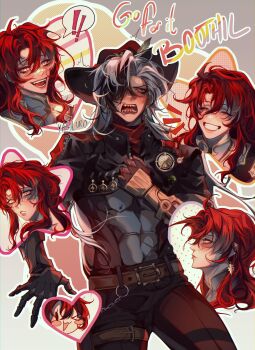 ! !! &gt;_&lt; 2boys absurdres argenti_(honkai:_star_rail) armor artist_name belt black_hair black_hat black_jacket black_pants blush blush_stickers boothill_(honkai:_star_rail) brown_belt bullet_earrings cape closed_eyes closed_mouth cowboy_hat cyborg earrings english_text ganbare!_nakamura-kun!! gold_earrings grey_armor grey_background grey_eyes grey_hair hair_between_eyes hair_over_one_eye hand_on_own_chest hand_up hat hat_feather hat_ornament heart heart-shaped_pupils highres honkai:_star_rail honkai_(series) jacket jewelry knight long_hair long_sleeves looking_at_viewer male_focus mechanical_arms mechanical_hands multicolored_hair multiple_boys notice_lines open_mouth pants parody red_cape red_hair red_pupils sharp_teeth sheriff_badge sidelocks simple_background smile speech_bubble standing star_(symbol) sweatdrop symbol-shaped_pupils teeth tongue two-tone_hair upper_body v-shaped_eyebrows wavy_hair white_armor yagiluro yaoi yellow_eyes zipper