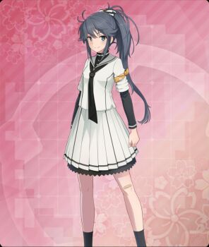 Rule 34 | 1girl, armband, ayanokouji martial arts school uniform, black bow, black hair, black shirt, black socks, blue eyes, bow, breasts, closed mouth, commentary request, dot nose, feet out of frame, floral background, game cg, grey sailor collar, hair bow, high ponytail, highres, layered sleeves, legs apart, long hair, long sleeves, looking at viewer, official art, pink background, ponytail, resized, sailor collar, school uniform, serafuku, shirt, sidelocks, skirt, small breasts, smile, socks, solo, striped bow, third-party source, toji no miko, toji no miko: kizamishi issen no tomoshibi, upscaled, variant set, white serafuku, white shirt, white skirt, yamashiro yui, yellow armband