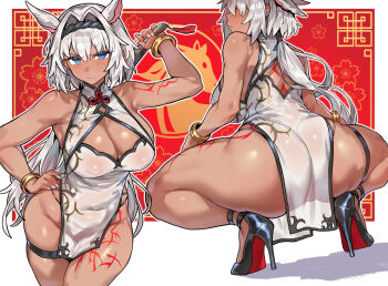 Rule 34 | 1girl, absurdres, animal ears, ass, blue eyes, blush, breasts, caenis (fate), china dress, chinese clothes, chinese zodiac, cleavage, dark skin, dress, fate/grand order, fate (series), from behind, high heels, highres, horse ears, long hair, looking at viewer, multiple views, radishkek, squatting, white dress, white hair, year of the horse