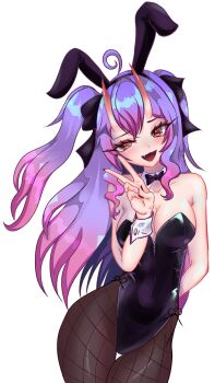 1girl 2023 ahoge animal_ears breasts cleavage fake_animal_ears fake_rabbit_ears female_focus highres horns indie_virtual_youtuber kamihoshi_project looking_at_viewer oni oni_female open_mouth playboy_bunny purple_hair red_eyes simple_background solo syd_karasukami trad_syd twintails v virtual_youtuber white_background