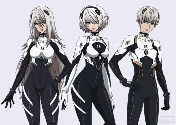 Rule 34 | 1boy, 2b (nier:automata), 2girls, 9s (nier:automata), a2 (nier:automata), absurdres, black hairband, blue eyes, breasts, closed mouth, cowboy shot, grey background, grey hair, hair between eyes, hair over one eye, hairband, hand on own hip, headgear, highres, light smile, long hair, mecha pilot suit, medium breasts, mole, mole under mouth, multiple girls, neon genesis evangelion, nier:automata, nier (series), plugsuit (evangelion), shirl geem, short hair, turtleneck