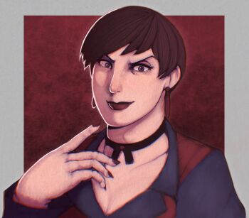 1girl breasts brown_eyes brown_hair dress female_focus formal_clothes huge_breasts jacket kdinos9999 king_of_dinos kingofdinos large_breasts looking_at_viewer pale_skin short_hair smile suit suit_jacket the_king_of_fighters vice_(kof)