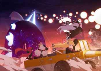 4girls akari_(blue_archive) artist_request black_coat black_gloves black_hat black_jacket black_pants black_ribbon blonde_hair blue_archive blue_halo brown_eyes city coat coat_on_shoulders demon_girl demon_horns demon_wings driving game_cg gloves gourmet_research_society_(blue_archive) grey_hair hair_ribbon halo haruna_(blue_archive) hat highres horns izumi_(blue_archive) jacket junko_(blue_archive) long_hair low_twintails monster motor_vehicle multiple_girls non-web_source official_art pants perorodzilla_(blue_archive) pointy_ears red_hair red_halo red_ribbon ribbon shirt single_wing truck twintails white_shirt wings yellow_halo