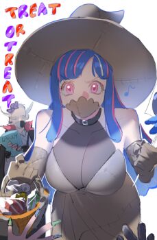 1boy 1girl 2others black_cape blue_hair breasts brother_and_sister bucket candy cape dress elbow_gloves food gloves grey_dress grey_gloves grey_hat grey_mask halloween_bucket hat holding holding_bucket horns large_breasts mask mouth_mask multicolored_hair multiple_others musical_note one_piece page_one_(one_piece) pink_eyes pink_hair purple_hair raine_(acke2445) siblings sleeveless sleeveless_dress streaked_hair trick_or_treat two-sided_cape two-sided_fabric ulti_(one_piece) vampire_costume witch_hat