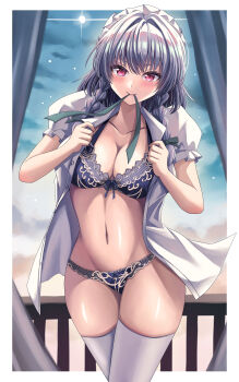 Rule 34 | 1girl, absurdres, blue bra, blue eyes, blue panties, blush, bow, bra, braid, breasts, cleavage, collarbone, commentary request, cowboy shot, curtains, dressing, green bow, grey hair, hair bow, happy ginko, highres, izayoi sakuya, long hair, maid headdress, mouth hold, navel, open clothes, open shirt, panties, puffy short sleeves, puffy sleeves, ribbon, ribbon in mouth, shirt, short sleeves, smile, solo, stomach, thighhighs, touhou, twin braids, underwear, white shirt, white thighhighs