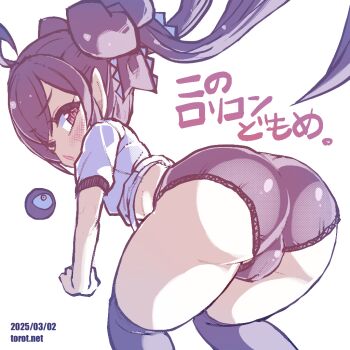 1girl ;o ahoge all_fours ass backbeako_(torotei) backbeard black_buruma black_hair black_thighhighs blush buruma commentary dated dated_commentary from_behind gegege_no_kitarou gym_shirt gym_uniform hair_over_one_eye hair_ribbon kono_lolicon_domome loli long_hair looking_at_viewer looking_back monochrome one_eye_closed open_mouth original paid_reward_available pointy_ears red_eyes ribbon shirt short_sleeves simple_background solo thighhighs torotei translated twintails watermark web_address white_shirt