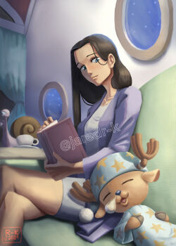 1boy 1girl absurdres antlers black_hair blue_eyes blue_nose cardigan commentary crossed_legs den_den_mushi english_commentary eyelashes hair_behind_ear highres horns indoors jared_r-k light_smile long_hair looking_at_another nico_robin night one_piece purple_cardigan reindeer_antlers sleeping smile squeans star_(symbol) star_print tony_tony_chopper watermark wide_sleeves