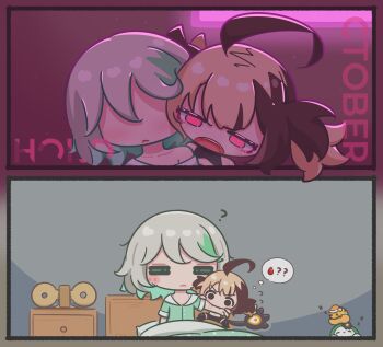 Rule 34 | 2girls, absurdres, ahoge, bed, biting, blonde hair, blush, brown hair, cecilia immergreen, collarbone, gigi murin, grem (gigi murin), highres, hololive, hololive english, mpien, multicolored hair, multiple girls, open mouth, otomo (cecilia immergreen), pajamas, pink eyes, short hair, shorts, sleeping, tail, twintails, two-tone hair, vampire, virtual youtuber, winding key