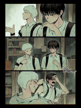 2boys adjusting_clothes backpack bag black_border black_hair blush border collared_shirt grin hair_between_eyes hand_on_own_face highres hikaru_ga_shinda_natsu indou_hikaru looking_at_another male_focus mole mole_on_cheek mole_under_eye mole_under_mouth multiple_boys nyakv_v parted_lips rain school_uniform shirt short_hair smile sweatdrop tsujinaka_yoshiki twitter_username watch wet wet_clothes wet_shirt white_hair white_shirt wristwatch yaoi