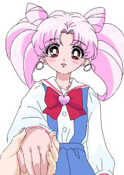 Rule 34 | 1girl, bishoujo senshi sailor moon, blue skirt, blush, bow, chibi usa, cone hair bun, hair bun, highres, holding hands, jewelry, looking at viewer, moon (ornament), open mouth, pen, pink hair, reaching, reaching towards viewer, red bow, red eyes, school uniform, skirt, star ornament, twintails