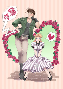 1boy 1girl battle_tendency blonde_hair blue_eyes blush dress flower full_body gloves heart jojo_no_kimyou_na_bouken joseph_joestar joseph_joestar_(young) koya-102 short_hair smile suzi_q