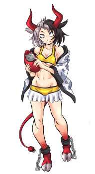 Rule 34 | 1girl, absurdres, animal ears, animal print, ayana mizuki, bags under eyes, black hair, breasts, closed mouth, commentary request, cow ears, cow girl, cow horns, cow print, cow tail, cuffs, frilled shorts, frills, full body, grey hair, groin, highres, holding, hooves, horns, jacket, looking at viewer, medium breasts, multicolored hair, navel, open clothes, open jacket, print jacket, red eyes, red horns, short hair, short shorts, shorts, simple background, smile, solo, split-color hair, sports bra, standing, tail, touhou, two-tone hair, underboob, ushizaki urumi, white background, white jacket, yellow shorts, yellow sports bra