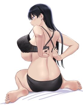 1girl arato_nagi ass barefoot black_bra black_hair black_panties bra breasts commentary_request earrings from_behind full_body jewelry large_breasts long_hair open_bra panties removing_bra ruri_no_houseki sideboob simple_background sitting soles solo stud_earrings underwear underwear_only unfastened wa_(genryusui) wariza
