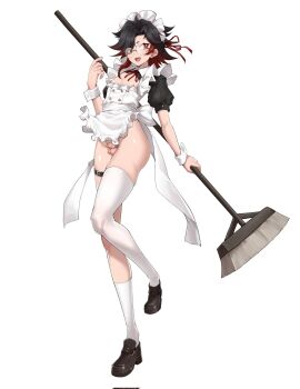 1boy apron black_hair black_shirt black_shoes black_skirt broom commentary_request crossdressing crossdressing_(mtf) frilled_sleeves frills full_body glasses highres long_legs looking_at_viewer maid maid_apron maid_headdress male_focus male_maid medium_hair miniskirt morinosuke multicolored_hair original penis red_hair shirt shoes simple_background single_thighhigh skirt small_penis smile socks solo standing testicles thighhighs trap two-tone_hair uncensored white_background white_socks