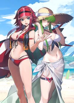 2girls absurdres armband artist_request beach bikini blue_eyes bracelet breasts c.c. code_geass code_geass:_genesic_re;code curvy green_hair hat highres jacket jewelry kouzuki_kallen long_hair medium_breasts medium_hair multiple_girls navel necklace ocean official_art open_mouth red_bikini red_hair red_nails sky smile spiked_hair stomach straw_hat surfboard swimsuit thigh_strap thighs third-party_source white_bikini wide_hips yellow_eyes