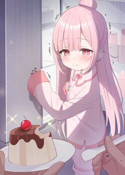 1boy 1girl absurdres black_nails blush cherry closed_mouth collared_shirt commentary_request ear_piercing food fruit hair_bun highres holding long_hair long_sleeves nail_polish original pajamas pants piercing pink_hair pink_pants pov pov_hands pudding shirt sleeves_past_wrists smile solo_focus trembling tsukiman very_long_hair