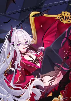 1girl absurdres black_bra black_gloves black_skirt black_thighhighs bra breasts chain chair checkered_floor chinese_commentary commentary_request gloves hair_ornament highres honkai_(series) honkai_impact_3rd horns long_hair looking_at_viewer medium_breasts meow_maolai multicolored_horns on_chair purple_eyes red_shirt red_wings shirt skirt smile solo thelema_nutriscu thelema_nutriscu_(gentle_is_the_night) thighhighs thighs two-tone_horns underwear very_long_hair white_hair wings