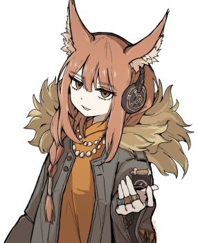 1girl animal_ear_fluff animal_ears arknights black_jacket braid brown_eyes brown_hair cape_parr commentary_request fur-trimmed_hood fur_trim hair_between_eyes headphones hood hood_down hooded_jacket jacket jewelry light_smile long_hair looking_at_viewer multiple_rings necklace open_clothes open_jacket orange_shirt parted_lips partial_commentary pearl_necklace ratatos_browntail_(arknights) ring shirt solo upper_body