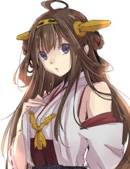 Rule 34 | 10s, 1girl, ahoge, bad id, bad pixiv id, bare shoulders, brown hair, chestnut mouth, detached sleeves, double bun, female focus, hair bun, hairband, hand on own chest, hiki-wota, japanese clothes, kantai collection, kongou (kancolle), long hair, open mouth, personification, sketch, solo