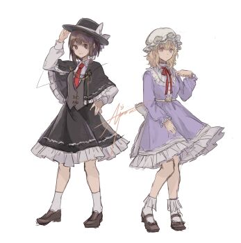 2girls arm_up artist_name black_capelet black_eyes black_hair black_hat black_shoes black_skirt blonde_hair bobby_socks capelet collar dress frilled_capelet frilled_collar frilled_hat frilled_skirt frilled_sleeves frills gensou_aporo grey_vest hand_on_headwear hand_on_own_hip hand_up hat highres long_sleeves looking_at_viewer maribel_hearn mob_cap multiple_girls neck_ribbon necktie parted_lips pink_dress purple_eyes red_necktie red_ribbon ribbon shirt shoes short_hair signature simple_background skirt smile socks touhou usami_renko vest white_background white_hat white_shirt white_socks