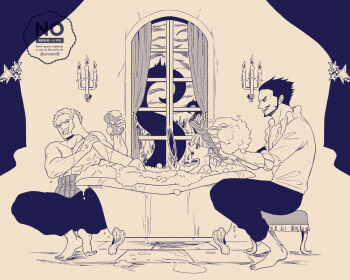 1girl 2boys bathing bathtub black_hair chandelier dracule_mihawk facial_hair frilled_shirt_collar frills goatee holding holding_mirror holding_sponge long_hair looking_at_mirror mirror monochrome multiple_boys muscular muscular_male one_piece open_mouth perona roronoa_zoro scar scar_on_chest shirt short_hair sideburns sitting smile sponge squatting star_(symbol) topless_male uncoro8 washing_another washing_hair white_shirt window