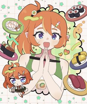 Rule 34 | 1girl, :d, absurdres, bare arms, bare shoulders, blonde streaks, blue eyes, blush, blush stickers, chibi, chopsticks, collarbone, commentary request, commission, cropped torso, double-parted bangs, food, green background, grid background, hair between eyes, highres, holding, holding chopsticks, long hair, looking at viewer, multicolored hair, multiple views, o3o, open mouth, orange hair, original, own hands together, palms together, pnt 0202, side ponytail, sidelocks, skeb commission, smile, sparkle, streaked hair, sushi, tank top, thick eyebrows, white background, white tank top