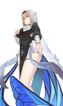1girl absurdres aponia black_dress blonde_hair blue_eyes breasts chinese_commentary commentary_request dress highres honkai_(series) honkai_impact_3rd humugo large_breasts nun nun_headdress pelvic_curtain simple_background thigh_strap thighs underboob veil white_background white_veil