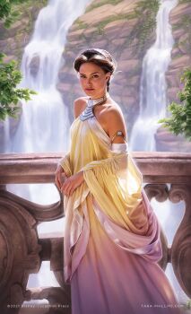 Rule 34 | 1girl, artist name, bare shoulders, brown eyes, brown hair, day, dress, looking at viewer, outdoors, padme amidala, plant, realistic, solo, star wars, tara phillips, textless version, water, waterfall, watermark, web address, yellow dress