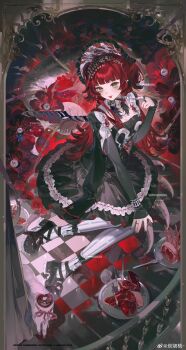 Rule 34 | 1girl, absurdres, black dress, black hairband, black jacket, black nails, blunt bangs, bonnet, breasts, chinese commentary, cleavage, commentary request, commission, detached sleeves, disembodied eye, dress, english text, eyeball, fangs, frilled dress, frills, gloves, goth fashion, gothic lolita, green eyes, hairband, highres, holding, holding spork, horizontal pupils, jacket, jacket on shoulders, jewelry, lamblab0824, lolita fashion, long hair, mary janes, original, pearl choker, pointy ears, red hair, ring, severed limb, shoes, sidelocks, sitting, sleeves past wrists, solo, spork, striped clothes, striped thighhighs, thighhighs, tongue, tongue out, too many eyes, two side up, vertical-striped clothes, vertical-striped thighhighs, watermark, weibo username, weibo watermark, yokozuwari