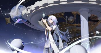 1girl 3d absurdres breasts chinese_commentary colored_eyelashes commentary_request crystal dress grey_hair halo hand_on_own_chest hand_up highres jacket long_hair mixed_media mornye_(wuthering_waves) nuli_hua_de_ryu purple_dress purple_sky red_eyes see-through_body sky small_breasts solo space star_(sky) starry_sky white_jacket wuthering_waves