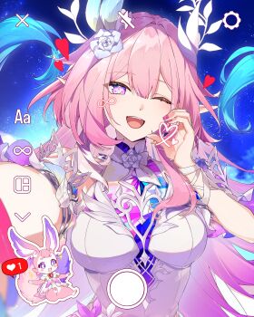 1girl ;o absurdres aiwo_o_lite aqua_hair breasts commentary_request cyrene_(honkai:_star_rail) cyrene_(ripples_of_past_reverie)_(honkai:_star_rail) diamond-shaped_pupils diamond_(shape) fake_phone_screenshot fake_screenshot gradient_hair half-heart_hands highres honkai:_star_rail honkai_(series) large_breasts long_hair mem_(honkai:_star_rail) multicolored_hair one_eye_closed pink_hair pointy_ears purple_eyes selfie sky solo star_(sky) starry_sky symbol-shaped_pupils very_long_hair white_hair